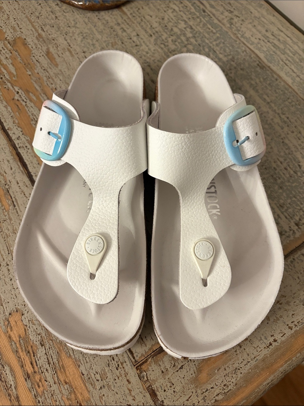 Birkenstock White gizeh Sandals with Light Blue Buckles